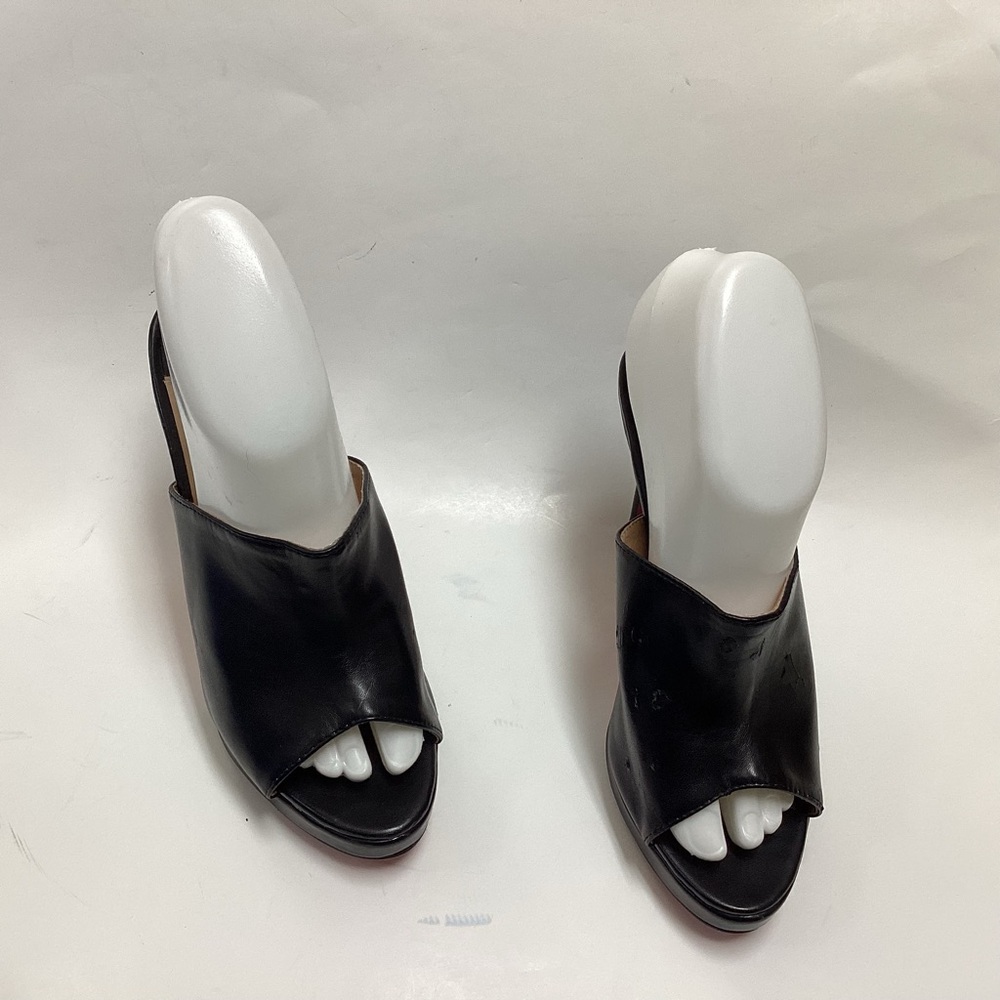 Christian Louboutin Lady Sandal Size 38/7.5 Black Leather Heels Slip On Flaws